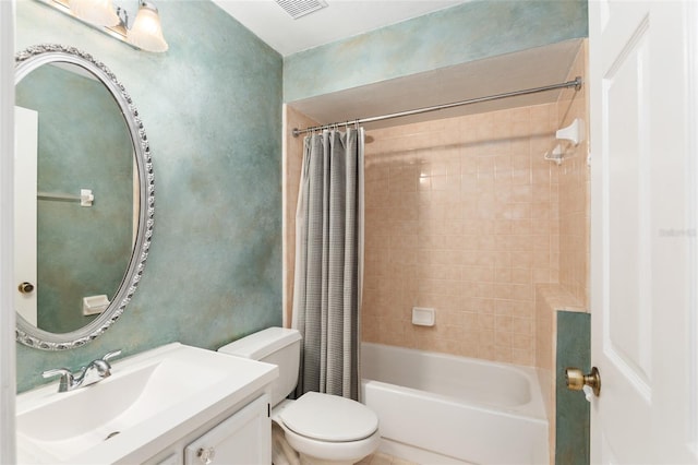 full bathroom with toilet, visible vents, shower / tub combo with curtain, and vanity