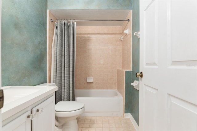 full bathroom with toilet, tile patterned flooring, vanity, and shower / bathtub combination with curtain