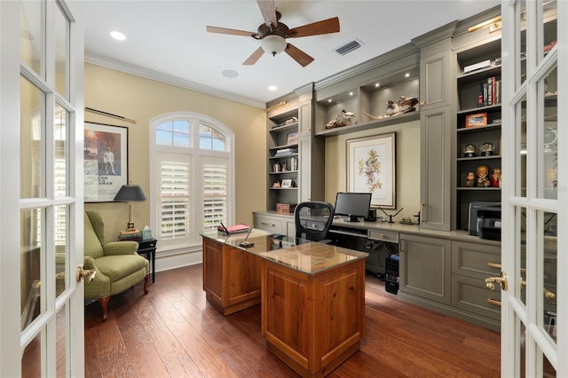 office space with a ceiling fan, dark wood-style floors, visible vents, ornamental molding, and french doors