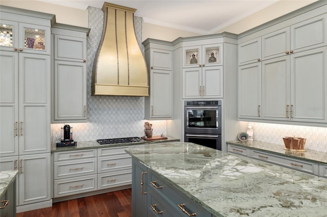 kitchen with tasteful backsplash, crown molding, dark wood finished floors, custom exhaust hood, and stainless steel appliances