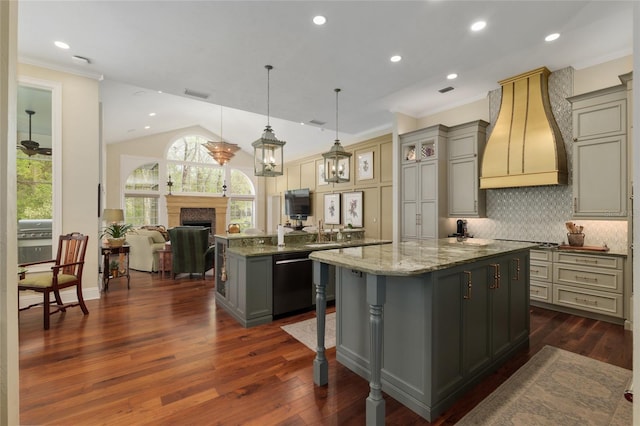 kitchen featuring a spacious island, gray cabinets, dishwasher, and custom range hood