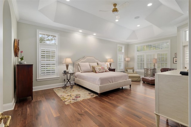 bedroom with dark wood-style floors, multiple windows, crown molding, and a raised ceiling