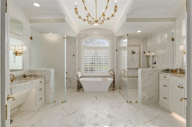 full bathroom with vanity, a freestanding tub, marble finish floor, and a marble finish shower