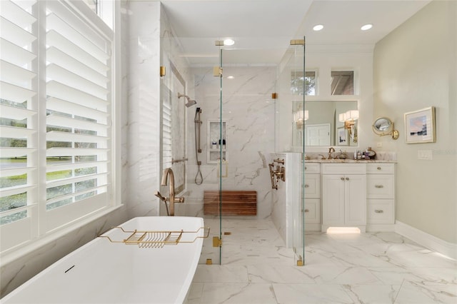 full bathroom featuring a marble finish shower, marble finish floor, and vanity