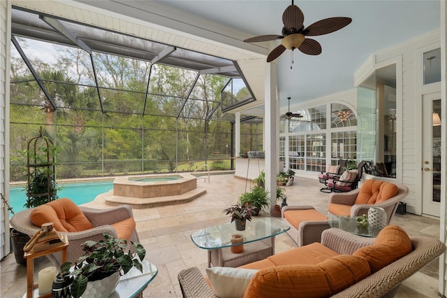 view of patio with a lanai, an outdoor living space, a pool with connected hot tub, and ceiling fan