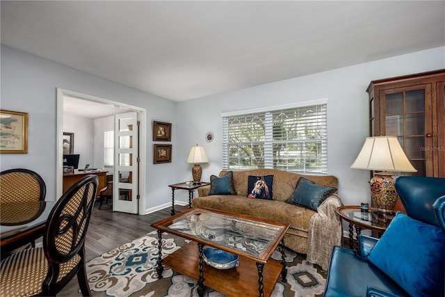 living room featuring dark wood-type flooring and baseboards