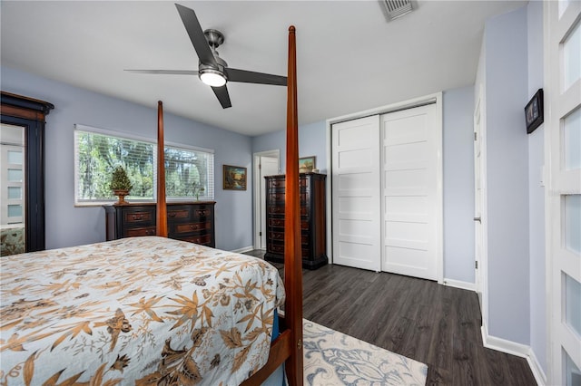 bedroom featuring baseboards, visible vents, ceiling fan, dark wood-type flooring, and a closet