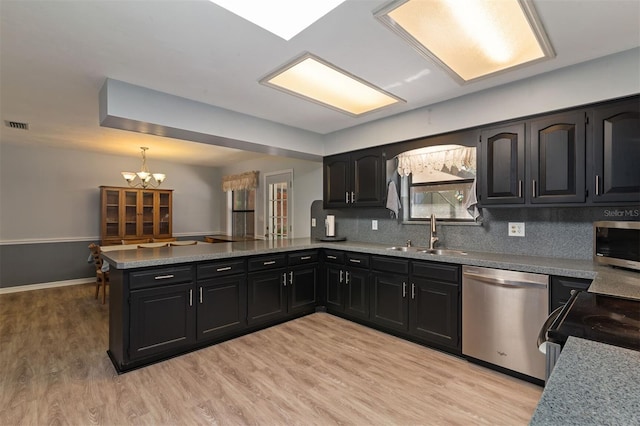 kitchen featuring appliances with stainless steel finishes, a sink, dark cabinets, light wood-type flooring, and a peninsula