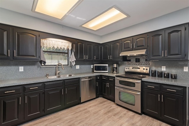 kitchen featuring stainless steel appliances, dark cabinets, a sink, and under cabinet range hood