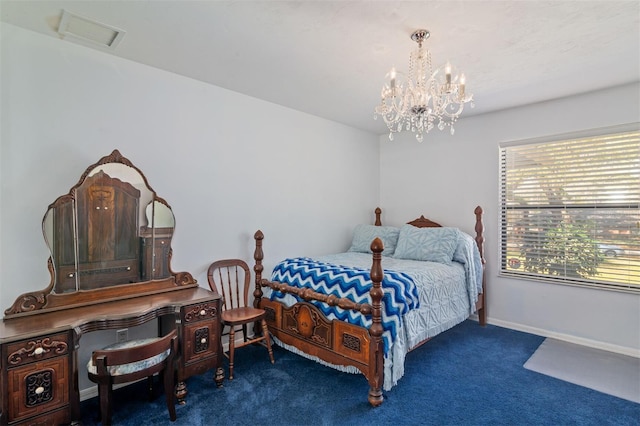 carpeted bedroom with an inviting chandelier, baseboards, and visible vents