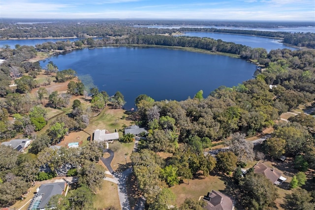 drone / aerial view featuring a water view and a forest view