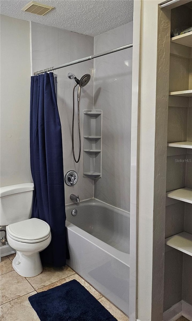 full bath with toilet, shower / tub combo, visible vents, and a textured ceiling