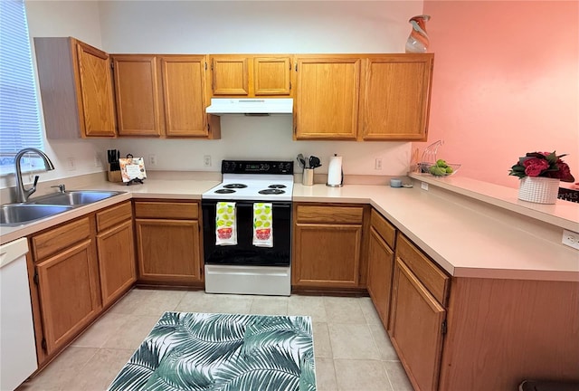 kitchen featuring range with electric stovetop, light countertops, white dishwasher, a sink, and under cabinet range hood