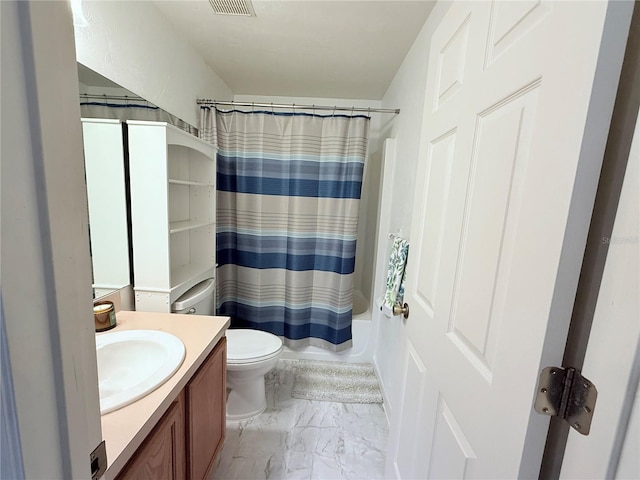 bathroom with shower / bath combo, visible vents, toilet, marble finish floor, and vanity