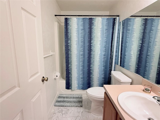 full bath featuring toilet, marble finish floor, shower / bath combination with curtain, and vanity