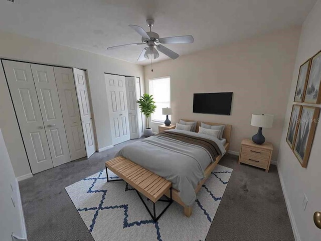 bedroom with multiple closets, baseboards, and a ceiling fan