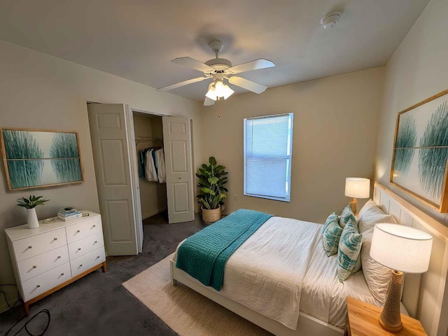 bedroom featuring a ceiling fan, dark carpet, and a closet