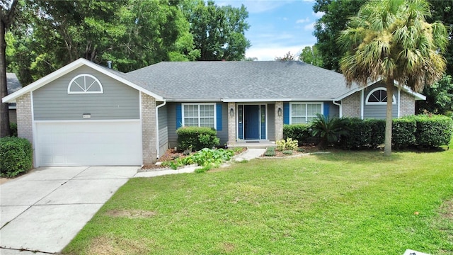 ranch-style house featuring a garage, brick siding, a shingled roof, concrete driveway, and a front lawn