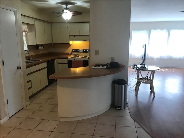 kitchen featuring light tile patterned flooring, a sink, range with electric cooktop, dishwasher, and under cabinet range hood