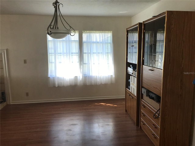 unfurnished dining area with baseboards and dark wood-type flooring