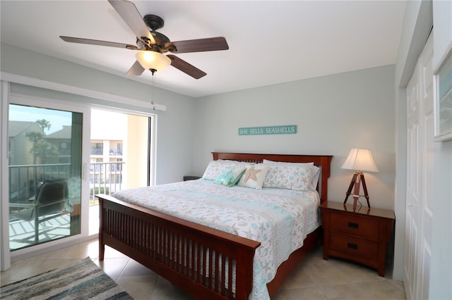 bedroom featuring a ceiling fan, access to outside, and light tile patterned floors