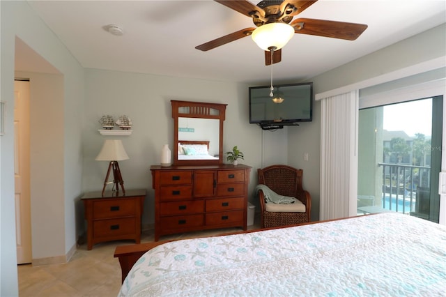 bedroom featuring ceiling fan, access to outside, light tile patterned flooring, and baseboards