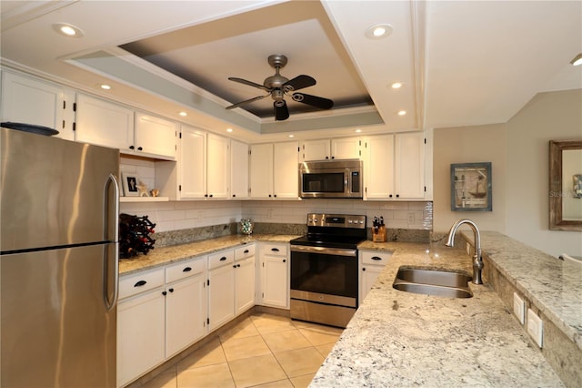 kitchen with light stone counters, stainless steel appliances, a sink, a tray ceiling, and tasteful backsplash