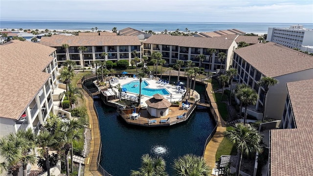 drone / aerial view with a water view