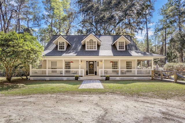 view of front of property featuring a porch, fence, and a front lawn