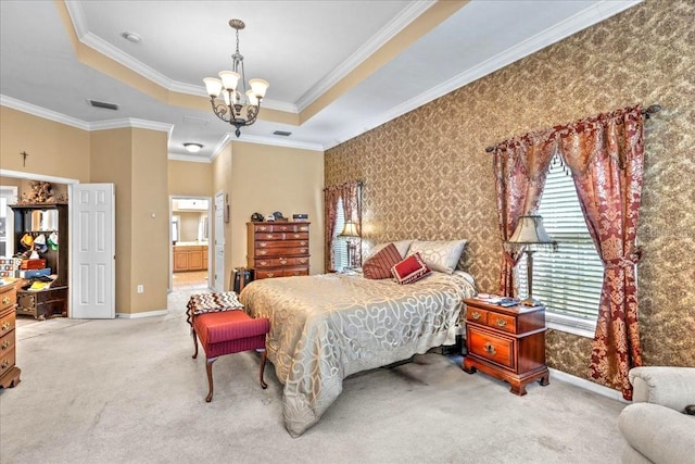 carpeted bedroom featuring a chandelier, visible vents, ornamental molding, a tray ceiling, and wallpapered walls