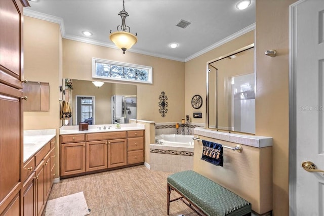 full bathroom with ornamental molding, a stall shower, visible vents, and a sink