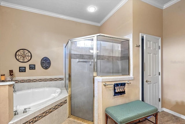 full bathroom featuring baseboards, a stall shower, a garden tub, and crown molding