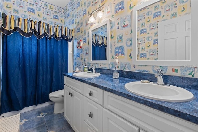 full bathroom featuring toilet, wallpapered walls, tile patterned flooring, and a sink