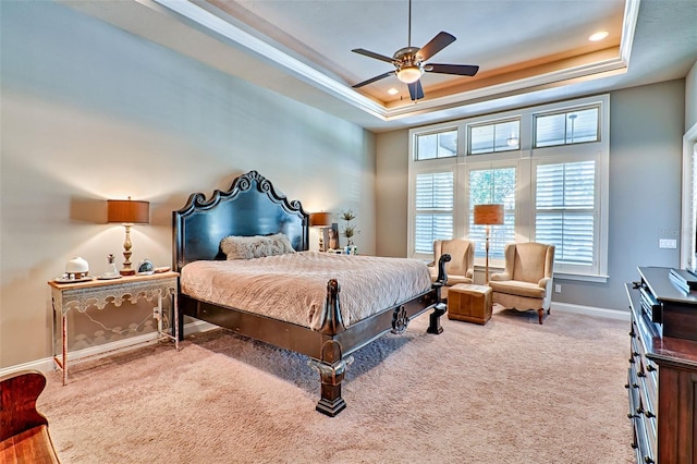 bedroom with ceiling fan, recessed lighting, carpet flooring, baseboards, and a raised ceiling