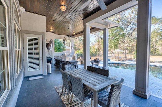 view of patio with an outdoor kitchen, a fenced in pool, a ceiling fan, a fenced backyard, and outdoor dining space