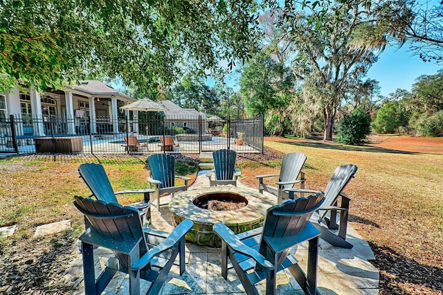 view of patio / terrace with an outdoor fire pit, fence, and a fenced in pool