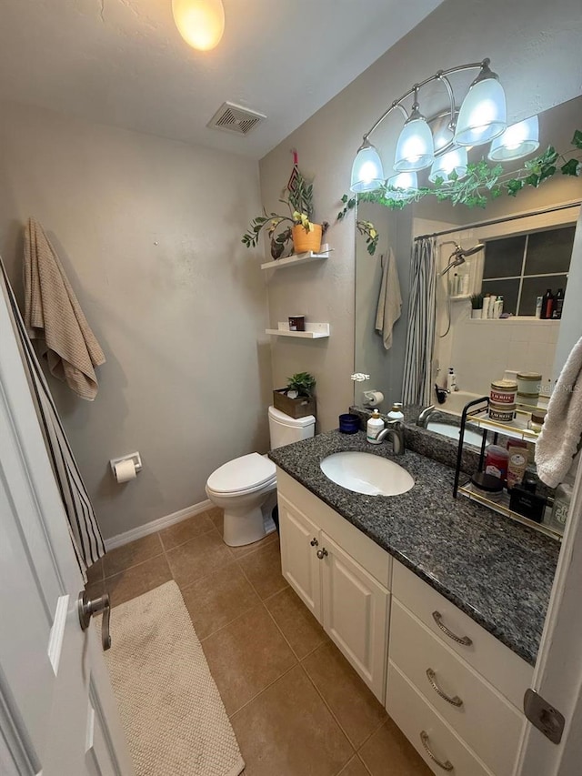 bathroom with vanity, visible vents, baseboards, tile patterned flooring, and toilet