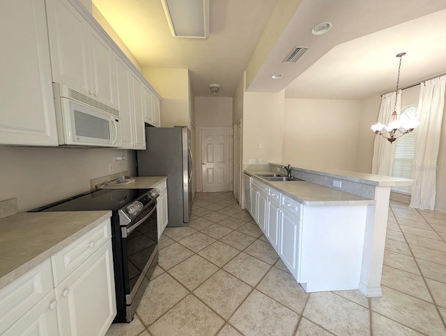 3441 NW 104th Way, Gainesville, FL 32606 - kitchen featuring range with electric cooktop, visible vents, a sink, white microwave, and a peninsula