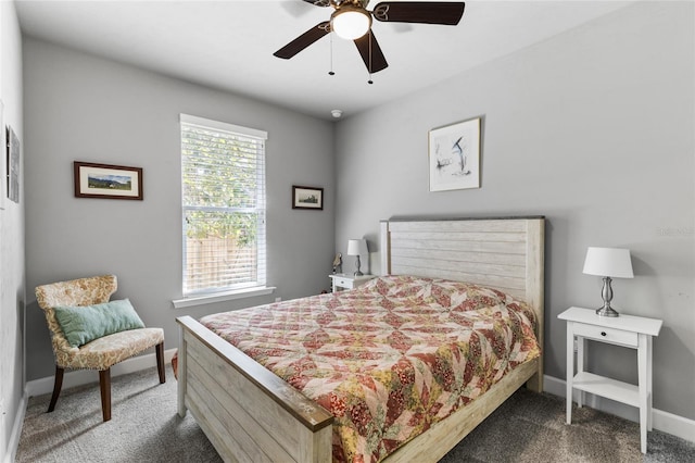 bedroom featuring carpet flooring, a ceiling fan, and baseboards