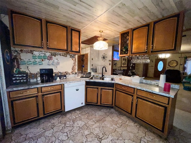 kitchen with wooden ceiling, white dishwasher, brown cabinets, and a sink