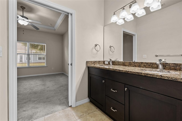 full bath with ceiling fan, a sink, baseboards, tile patterned floors, and double vanity