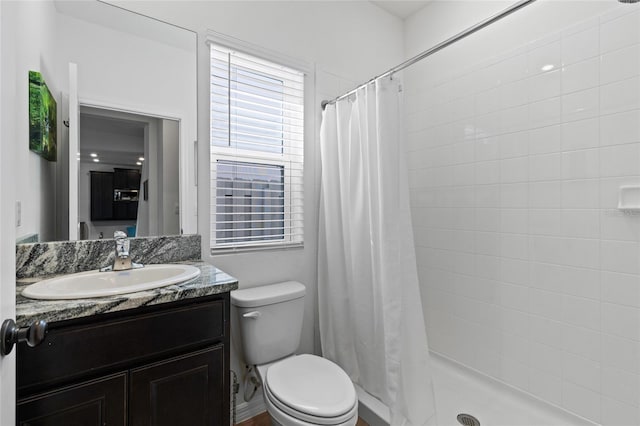 bathroom featuring a shower stall, toilet, and vanity