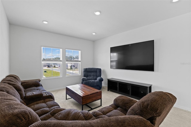 living room with carpet, baseboards, and recessed lighting