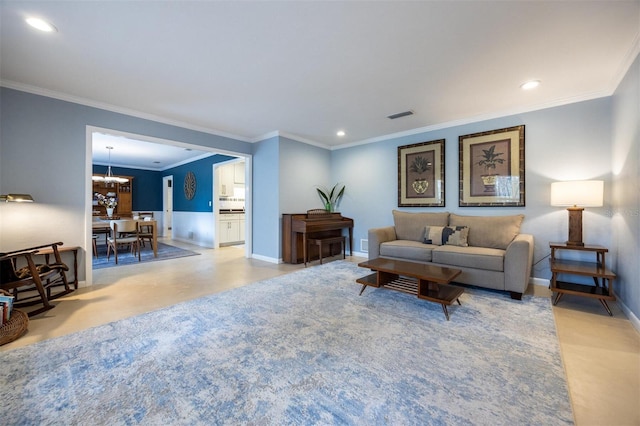 living area featuring crown molding, visible vents, and recessed lighting