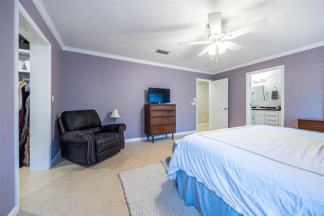bedroom with visible vents, a ceiling fan, light carpet, connected bathroom, and ornamental molding