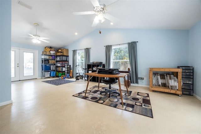 office area with a ceiling fan, french doors, baseboards, lofted ceiling, and visible vents