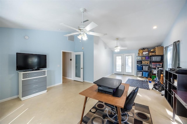 office space with lofted ceiling, french doors, visible vents, and ceiling fan