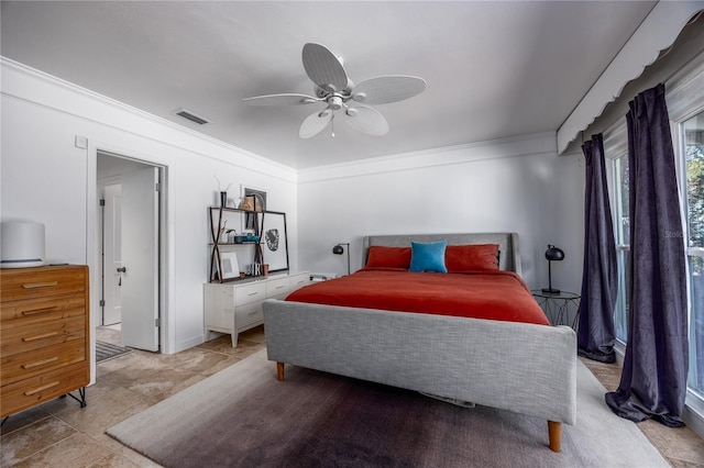 bedroom featuring visible vents, a ceiling fan, and ornamental molding