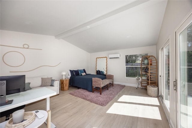 bedroom with lofted ceiling with beams, baseboards, wood finished floors, and a wall mounted air conditioner