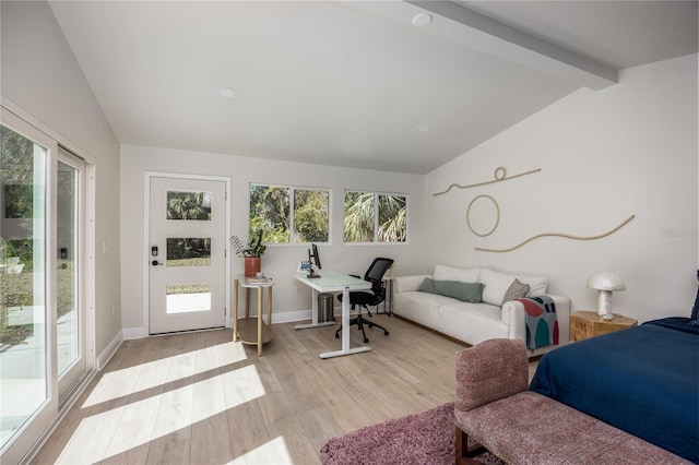 bedroom with vaulted ceiling with beams, light wood-style floors, baseboards, and access to exterior